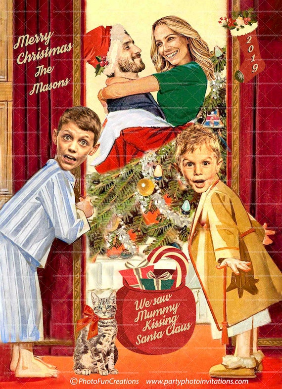 Mommy kissing Santa as a Christmas Card, YOUR FACES cropped onto the cartoon bodies, Mommy Kissing Santa Claus, Funny family Xmas card Il_570xn