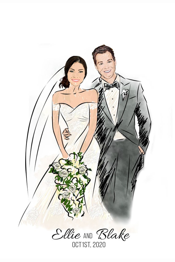 Pencil watercolour portrait, Custom Illustrated wedding portrait, pencil scribble caricature, Guest book alternative, Wedding sign cartoon Il_570xn
