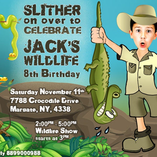 REPTILE Birthday Invitation, WILDLIFE PARTY, Photo Invitation, Lizard, Spiders, Alligator,  Amphibians birthday, Crocodile Ranger Birthday