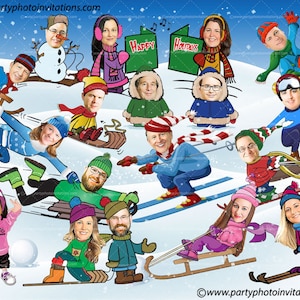 家族のクリスマス似顔絵カード、そりに乗る、雪そりの似顔絵、企業または家族の写真のホリデー カード、家族のポートレート カード