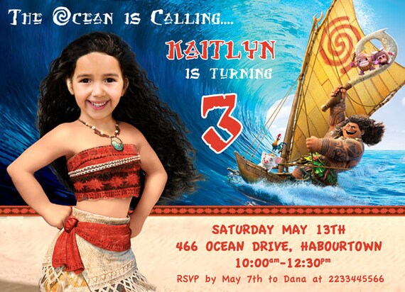 MOANA CHILD PHOTO invitation, Skin tone matched, face cropped to suit, Moana printable invitation, personalized, Moana invitation, disney Il_570xn