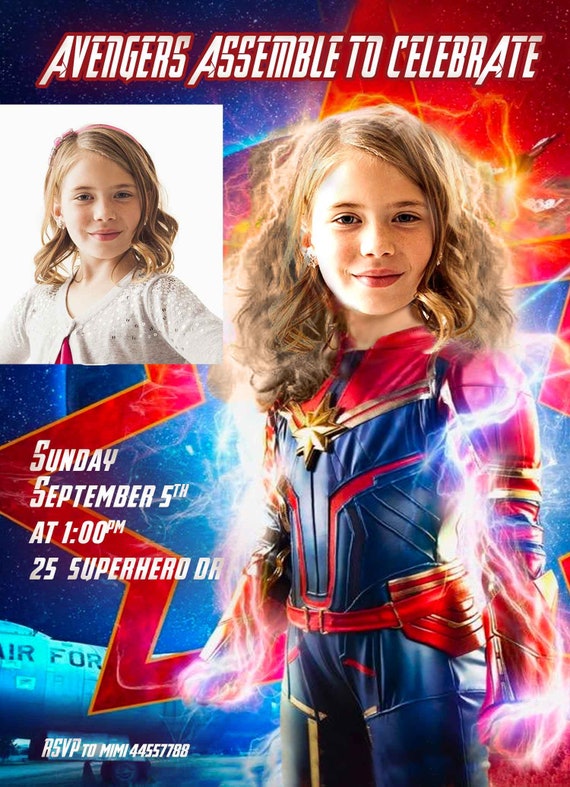 Captain Marvel Birthday Invitation, Captain Marvel Party Ideas. Captain Marvel costume,Avengers Endgame Birthday, Cap Marvel Photo Invite Il_570xn