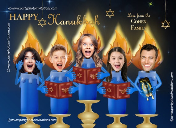 Family Hanukkah Holiday Card, 3D Funny Photo Hanukkah Menorah Card, Custom Hanukkah Card, Colorful Menorah, Photo Chanukah Card, Caricature Il_570xn
