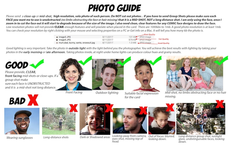 Puede incluir: Gu&iacute;a de fotos con ejemplos de buenas y malas calidades de fotos. Incluye ejemplos de fotos frontales, con luz exterior y de plano medio. Los ejemplos malos incluyen gafas de sol, fotos de larga distancia y &aacute;reas sombreadas.