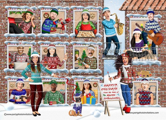 Apartment Block Christmas Card, YOUR FACES on the3D bodies in Ugly Sweaters, Company Or Family Christmas card, Christmas Activity caricature Il_570xn