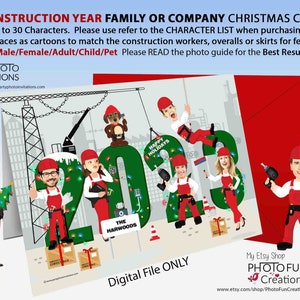 Tarjeta navideña divertida del año familiar, tarjeta navideña con foto, tarjeta navideña con foto de construcción personalizada, TUS CARAS recortadas en los cuerpos de los dibujos animados