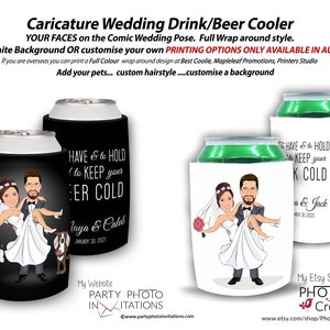 Volledige kleur gepersonaliseerde cartoon drankje/bierkoeler-aangepaste huwelijksgunsten, grappige drankhouder, huwelijksgunst, bruiloft karikatuur,
