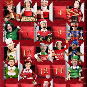 Puede incluir: Un calendario de adviento festivo rojo y dorado con varias personas vestidas con disfraces navide&ntilde;os. Los n&uacute;meros 4, 7, 9, 12, 18, 19, 21, 22, 24 y 25 son visibles. Se muestra el texto "HAPPY Holidays" y "From all of us at Wilson Electronics".
