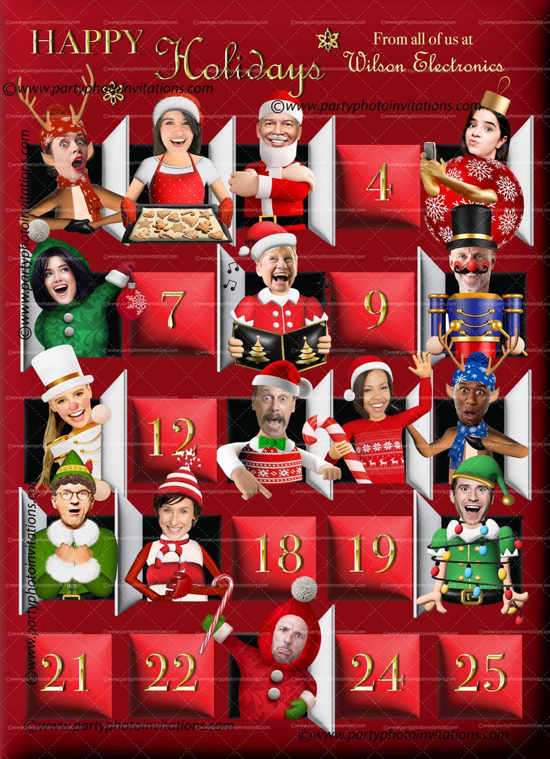 Puede incluir: Un calendario de adviento festivo rojo y dorado con varias personas vestidas con disfraces navide&ntilde;os. Los n&uacute;meros 4, 7, 9, 12, 18, 19, 21, 22, 24 y 25 son visibles. Se muestra el texto "HAPPY Holidays" y "From all of us at Wilson Electronics".