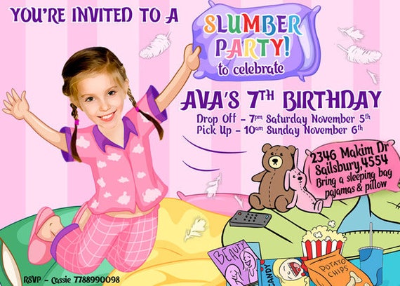 Slumber Party Invitation, Sleepover Invitation, Illustrated from YOUR photo DIGITAL FILE,Pajama Party Invitation, Sleep Over, Girl's Slumber Il_570xn