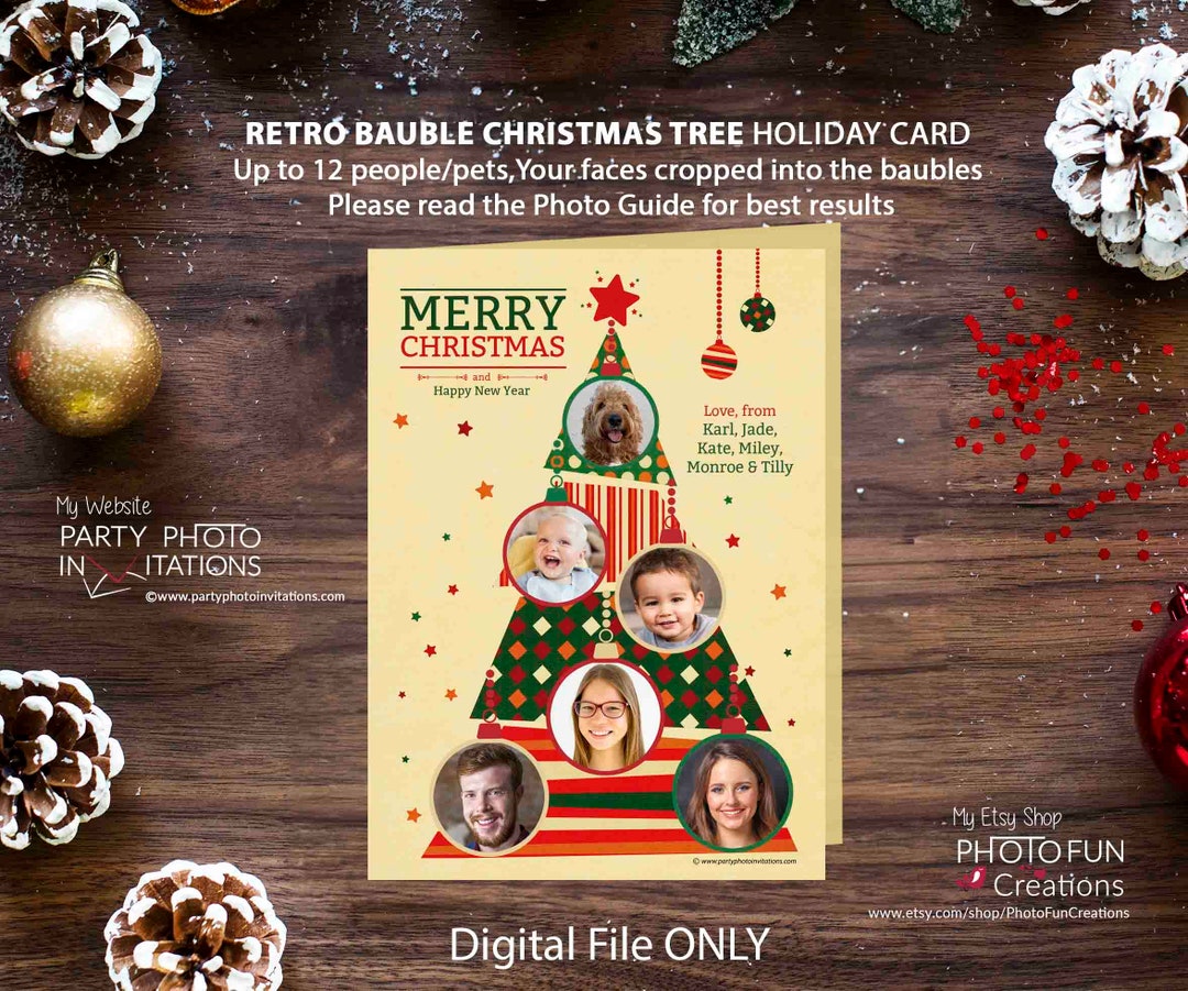 Tree Photo Cards Retro Bauble Christmas Tree Photo Card: up to 12 People (digital File ...