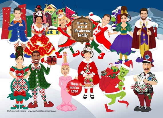 Fable Christmas Village card, Caricature family or company Christmas Card, Funny elf characters, YOUR FACES cropped onto the cartoon bodies Il_570xn