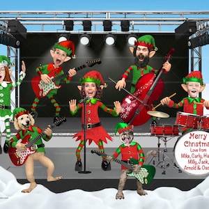 Cartão de Natal com foto de família de banda de rock, duendes musicais de Natal, cartão de Natal com foto engraçada - Natal corporativo, série atrevida de duendes de Natal