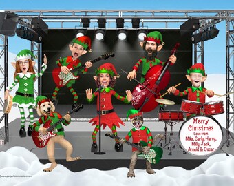 Custom Rock Band Elf Christmas Card - Family Photo with Pets