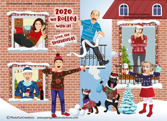 Covid-19 Christmas CARICATURE Card, YOUR FACES on ugly sweater comic bodies, family/Corporate Christmas card, find the mask in each window| Il_570xn