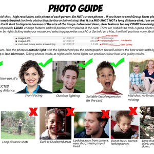 May include: A photo guide with examples of good and bad photos for a comic artist. The guide shows examples of clear, well-lit photos with unobstructed faces and examples of photos that are too dark, blurry, or have obstructed faces.