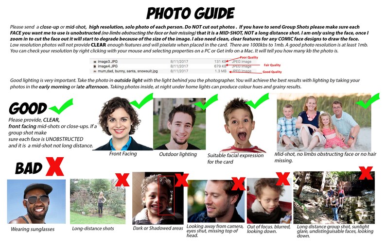 May include: A photo guide with examples of good and bad photos for a comic artist. The guide shows examples of clear, well-lit photos with unobstructed faces and examples of photos that are too dark, blurry, or have obstructed faces.