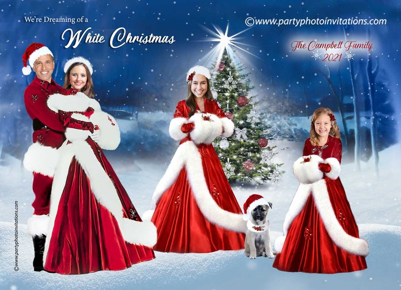 May include: A Christmas card featuring a family dressed in red and white Santa suits, with a dog wearing a Santa hat. The card says "We're Dreaming of a White Christmas" and "The Campbell Family 2021".