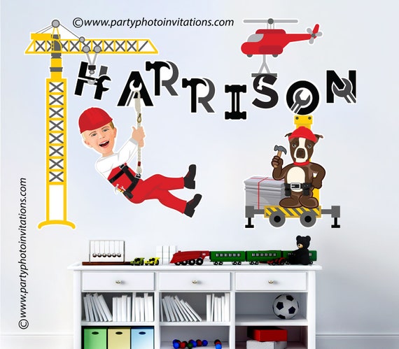 CUSTOM Boys Wall Decal, YOUR face on the cartoon body, Construction Wall Decal, Personalized name wall decal, Boys Wall Decor, Photo Decal Il_570xn