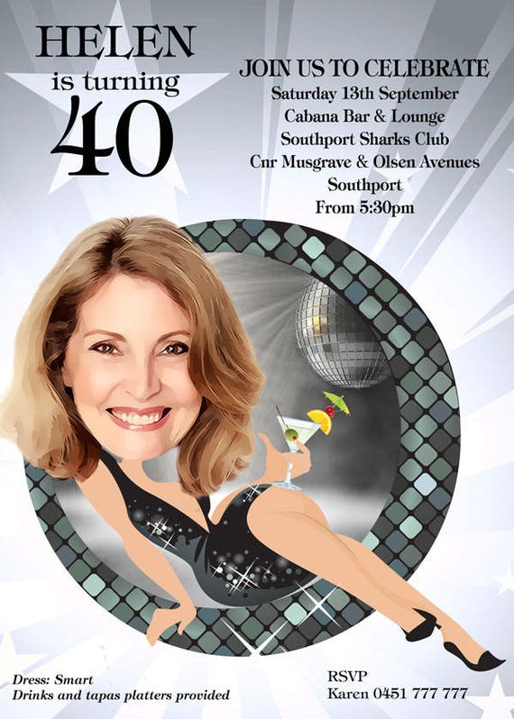 Women's 80's theme Birthday Party Invitation 21st 30th 40th 50th. Disco Party, Personalised caricature. Created from your photo DIGITAL FILE Il_570xn