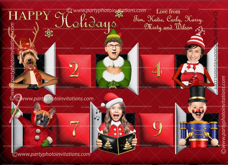 Puede incluir: Una invitaci&oacute;n con tem&aacute;tica navide&ntilde;a con las palabras "HAPPY Holidays" en letras doradas. El dise&ntilde;o presenta varios personajes vestidos con atuendos festivos, incluyendo un perro, un elfo y un cascanueces. Los n&uacute;meros 2, 4, 7 y 9 se muestran en cuadrados rojos.