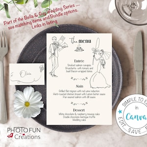 Menü + Tischkartenvorlage, niedliche Hochzeitspaar-Kritzelillustrationen, handgezeichnetes Hochzeitsmenü, handgeschriebener Tischname, niedliche Gedecke