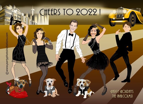 Happy New Year Card, 1920s New Year or Christmas card, Retro Caricature New Year card, Retro Family Photo New Year card, Great Gatsby Il_570xn
