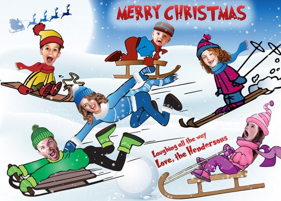 Family Christmas Caricature card, Riding In A Sleigh, Caricature on snow sled, Corporate OR Family Photo Holiday Card, Family Portrait card Il_570xn