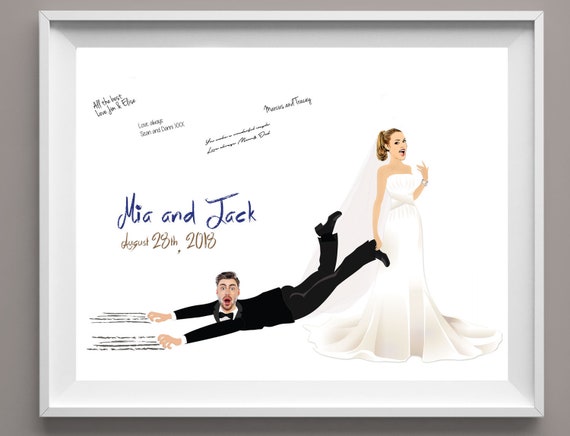 Funny Wedding Guest Book Sign With Bride Dragging Groom Funny image pic