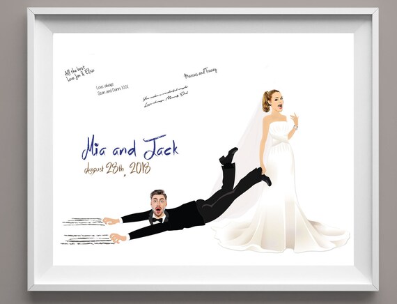 Funny Wedding Guest Book Sign With Bride Dragging Groom Funny image pic