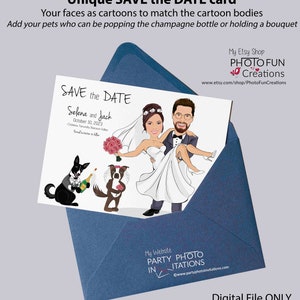 Cartão exclusivo para salvar a data, ilustração de caricatura para salvar a data, convite de casamento/cartão para salvar a data. Seus rostos recriados como desenhos animados.