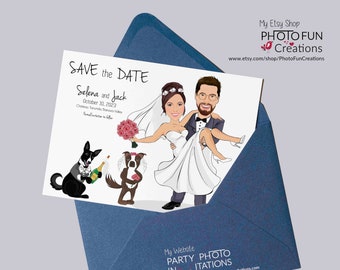Unique Save the Date Card, Caricature Save the date illustration,Wedding Invitation/ Save the Date card. Your faces recreated as cartoons.
