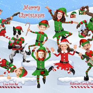 Personalisierte FAMILIE Weihnachtskarte, tanzender Weihnachtself, Lustige Weihnachtskarte mit Weihnachtselfen, lustiges Familienfoto Weihnachtskarte