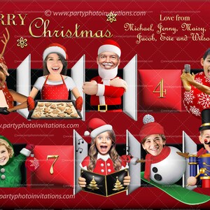 Puede incluir: Una invitaci&oacute;n digital con tem&aacute;tica navide&ntilde;a con las palabras "Merry Christmas" en dorado. El dise&ntilde;o presenta ilustraciones de dibujos animados de personas y un perro con atuendo navide&ntilde;o, con los n&uacute;meros 4 y 7. Tambi&eacute;n se incluyen los nombres Michael, Jenny, Maisy, Tom, Jacob, Evie y Wilson.
