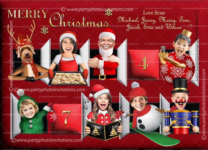Puede incluir: Una invitaci&oacute;n digital con tem&aacute;tica navide&ntilde;a con las palabras "Merry Christmas" en dorado. El dise&ntilde;o presenta ilustraciones de dibujos animados de personas y un perro con atuendo navide&ntilde;o, con los n&uacute;meros 4 y 7. Tambi&eacute;n se incluyen los nombres Michael, Jenny, Maisy, Tom, Jacob, Evie y Wilson.