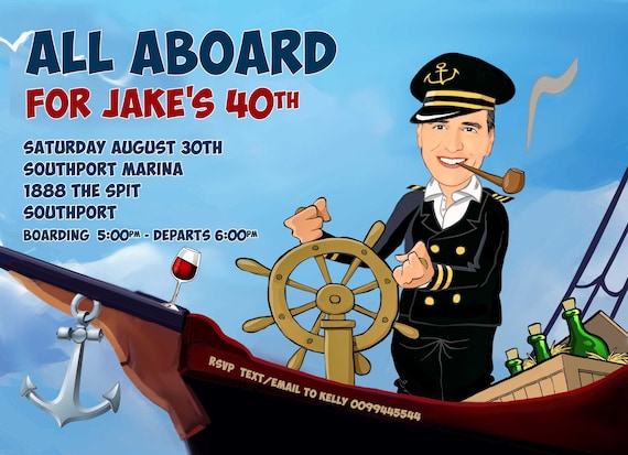 SAILING Party Invitation,male or female. any age,30th, 40th, 50th, 60th, funny caricature BOAT/ YACHT party created from your photo, Cruise by Photo  Fun Creations | Catch My Party