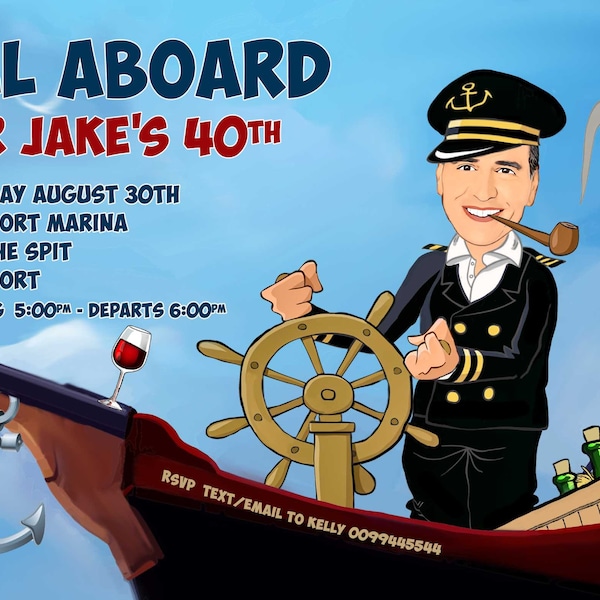 SAILING Party Invitation,male or female. any age,30th, 40th, 50th, 60th,funny caricature BOAT/ YACHT party created from your photo, Cruise