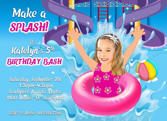 Pool Party Invitation for girl - Personalized with your photo Realistic OR Caricature, Pool Party Birthday, swimming party, girls pool party Il_570xn