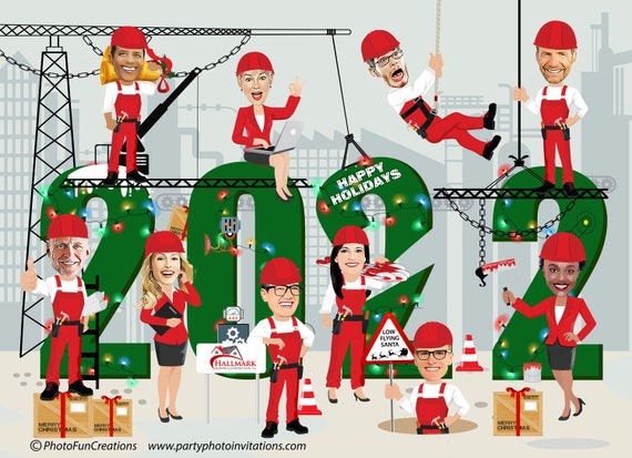 Construction Company Holiday Card, Photo Christmas Card, custom Company photo Holiday Card, YOUR FACES cropped onto the cartoon bodies Il_570xn