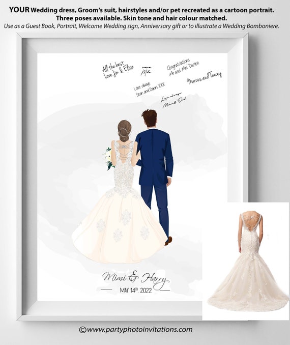 Wedding Guest Book Alternative, Portrait couple illustration, cartoon drawing, Anniversary gift, Back-View Wedding Dress, Custom Portrait Il_570xn