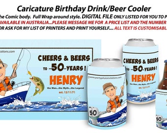 FUNNY Beer or Drink Can holder, Man's Fishing Drink holder- any age 30th, 40th, 50th, 60th Caricature created from your photo, Male Birthday