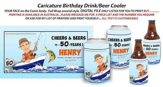 FUNNY Beer or Drink Can holder, Man's Fishing Drink holder- any age 30th, 40th, 50th, 60th Caricature created from your photo, Male Birthday Il_570xn