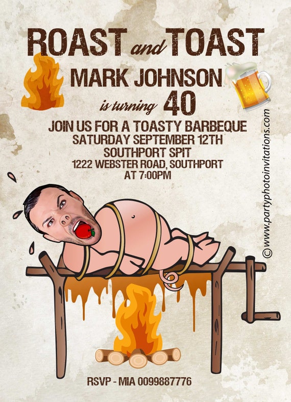 Roast and Toast Birthday Invitation, Adult 21st 30th 40th 50th 60th,Male funny birthday invitation, Beers and Cheers, saloon, caricature by Photo Fun Creations | Catch My Party Roast and Toast Birthday Invitation, Adult 21st 30th 40th 50th 60th,Male funny birthday invitation, Beers and Cheers, saloon, caricature by Photo Fun Creations | Catch My Party