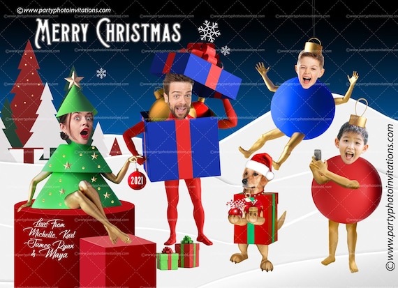 FUNNY Family Christmas card, Caricature Christmas, Unique Christmas Card, Ornament Photo Card, Company Christmas card,Christmas Ornament fun Il_570xn