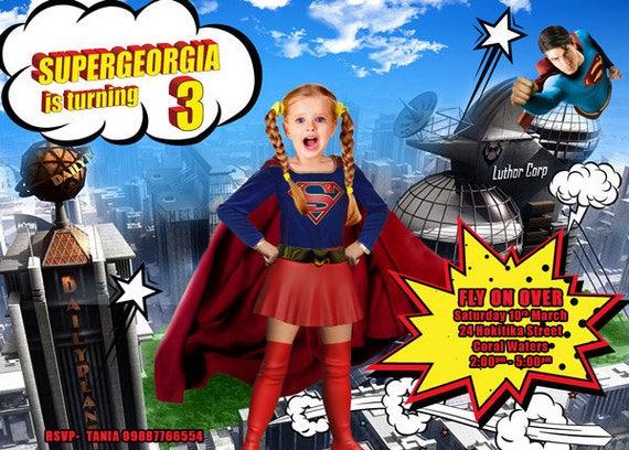 Supergirl Invitation with your girl as Super Girl. Superhero girl invitation, Supergirl, American Superhero, Heroine Invitation Il_570xn