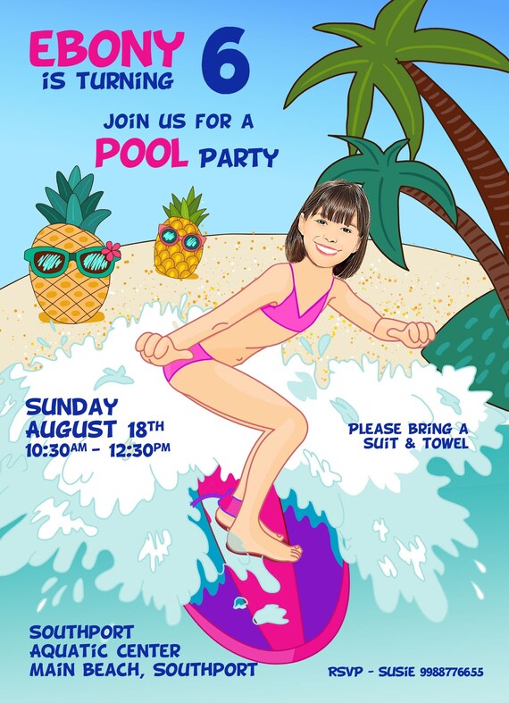 Surfs Up Party Invitation, Beach Girl Ocean, Surfer Invite, Surfer birthday printable invitation, Surfer Birthday Party, Pool Party, Photo Il_570xn