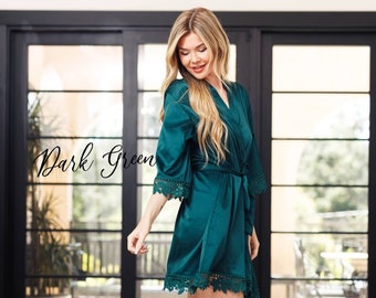 Dark Green Robes, Emerald Green Robes, Bridesmaid Robes, Lace Trim Robe, Bridal Party Robes, Monogrammed Robe, Robe (Silk Floral Lace)