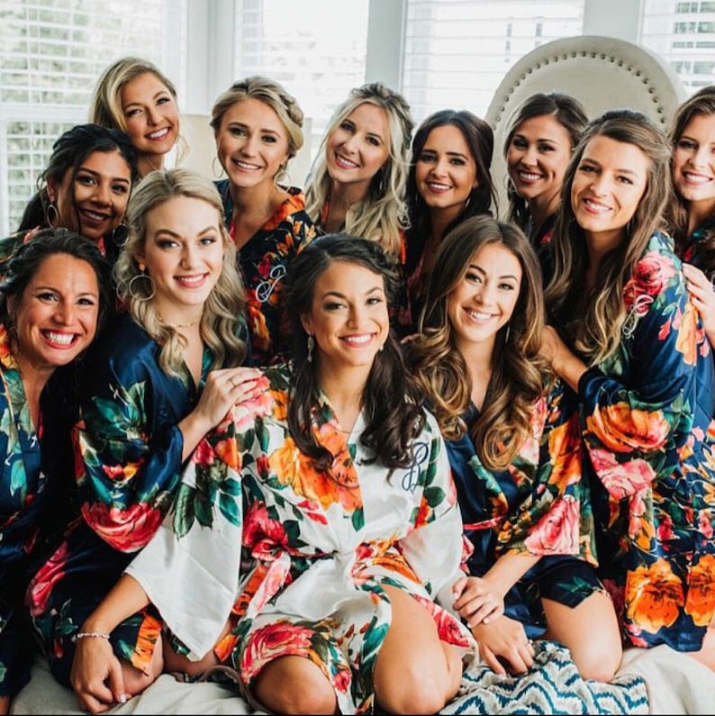 Floral Bridesmaid Robes, Wedding Day Robe, Bridal Party Robe, Floral Robe for Bridesmaids, Maid Of Honor Robes, Bridesmaid Robe Watercolor Navy