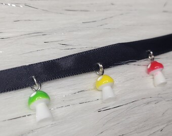 Mushroom Choker Necklace | Mushroom Charm Jewelry | Silver Chain or Black Ribbon