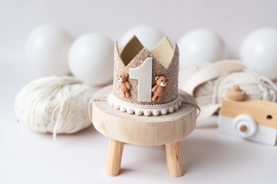 First Birthday Crown | Teddy bear theme | Cake smash prop | Baby boy | beige